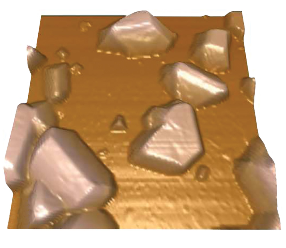 ホウ素ドープダイヤモンド電極上のビスマス結晶成長。1.5 µm スキャン。イメージ提供：R. Compton氏（Oxford University）。